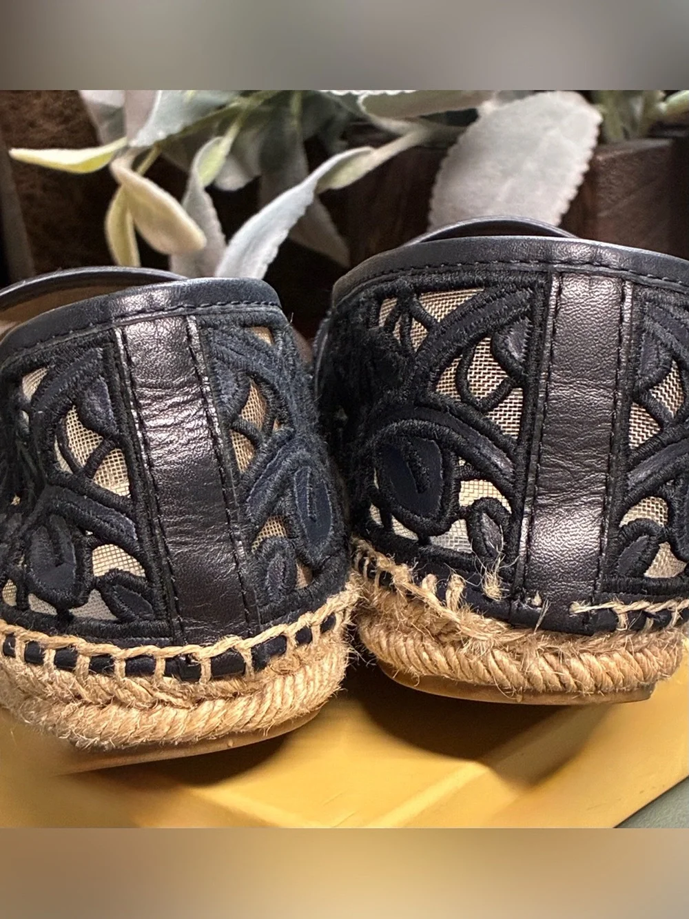 Tory Burch Jackie Black Floral Embroidered Lace Mesh Espadrille Flats